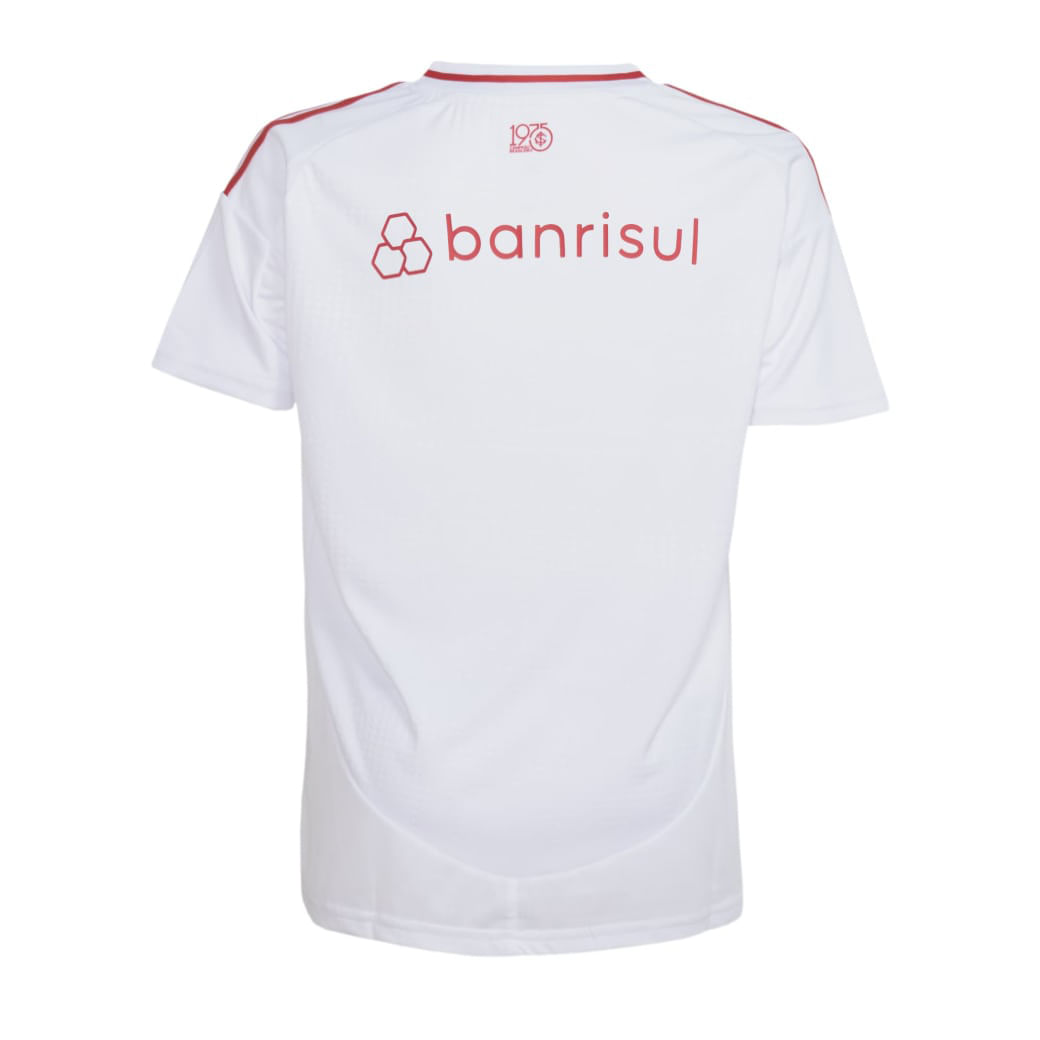 Vista traseira da camisa infantil branca Adidas Internacional II com detalhes vermelhos
